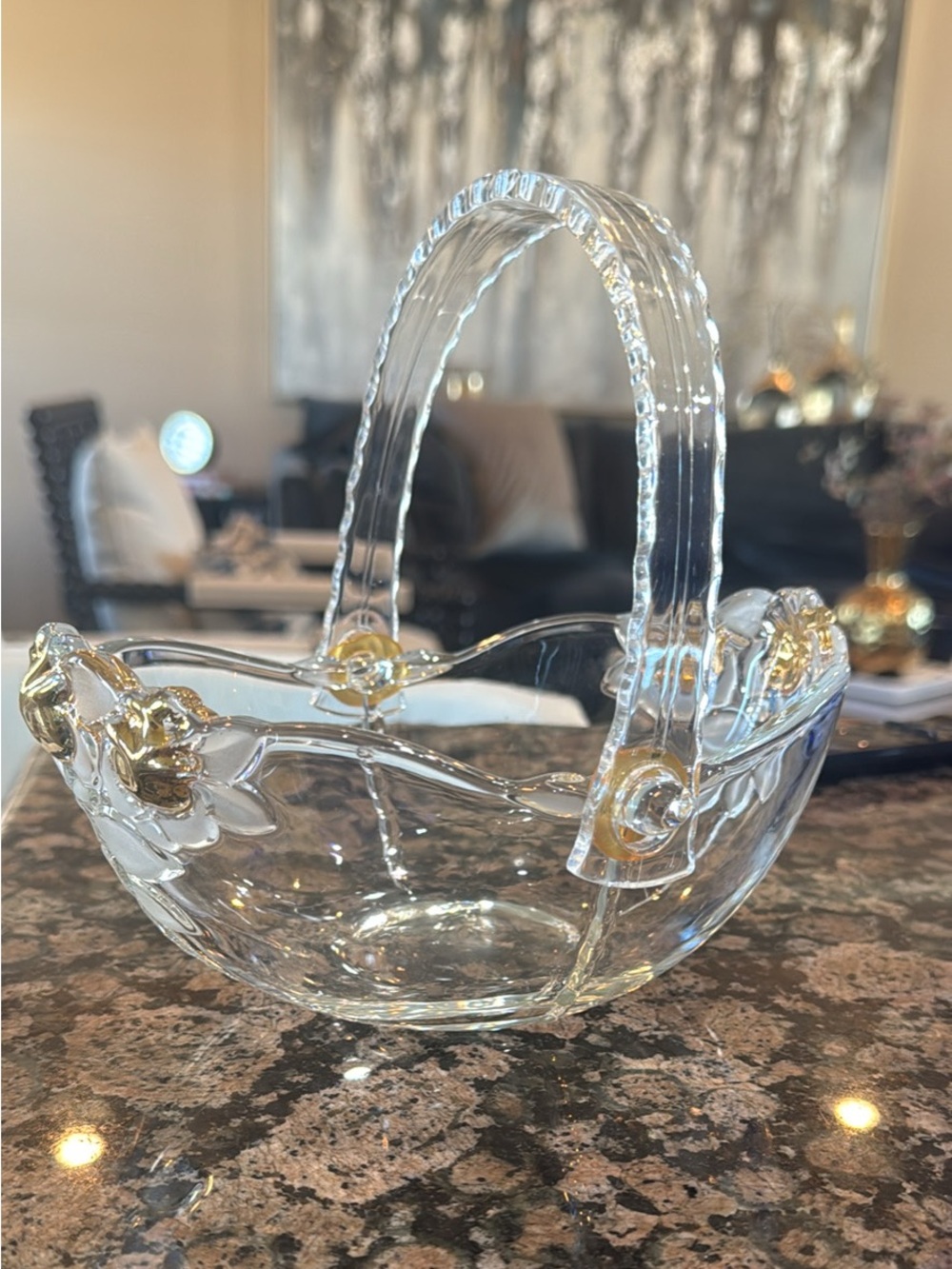 Mikasa Clear Glass Basket: Gold Roses & Frosted Leaves Decor